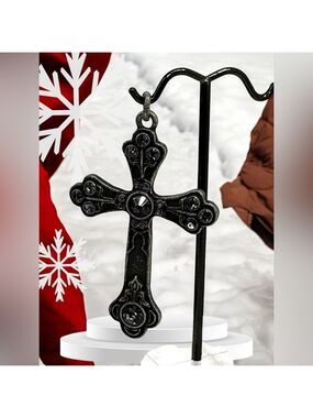 Rustic Renaissance Style Metal Cross Pendant With Dark Stone - Costume Jewelry